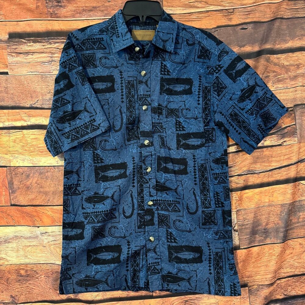 CLEARWATER Outfitters Men’s Casual Button-Down Shirt Blue Black M Cotton Fish